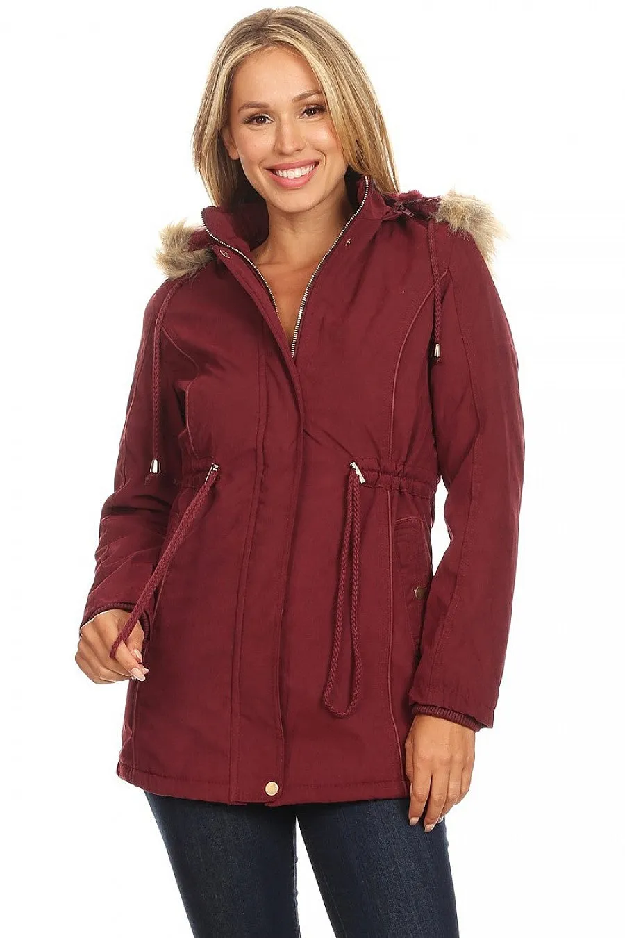 Faux Fur Trim Hooded Jacket in Wine