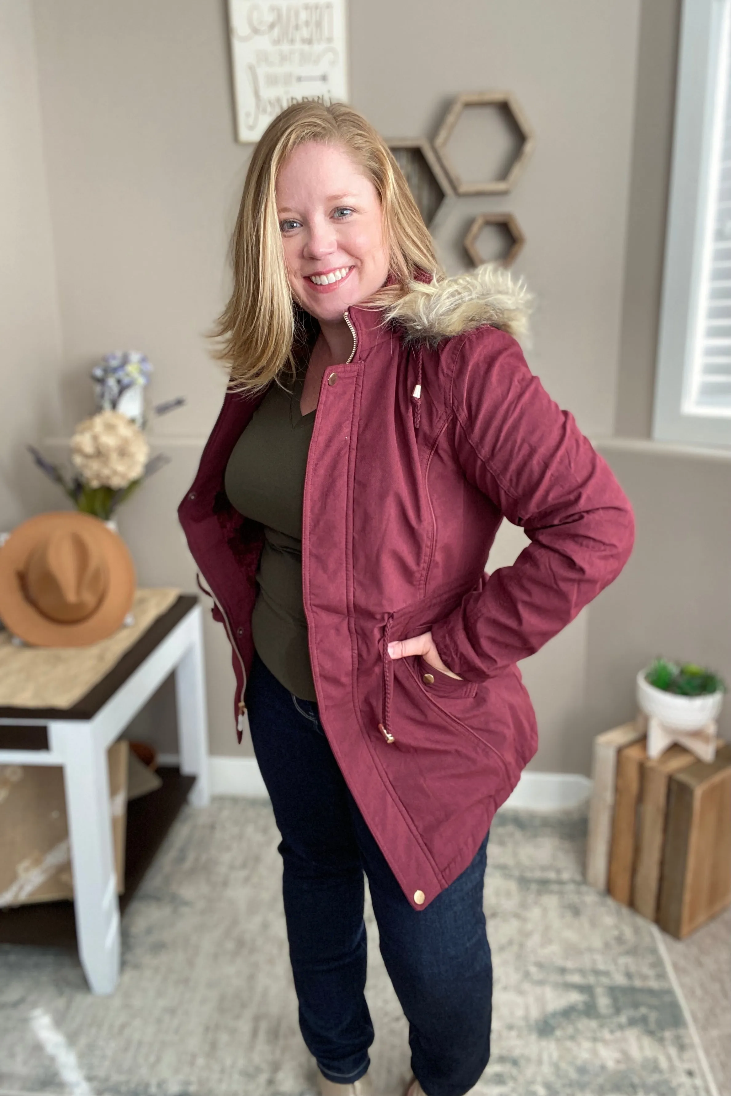 Faux Fur Trim Hooded Jacket in Wine