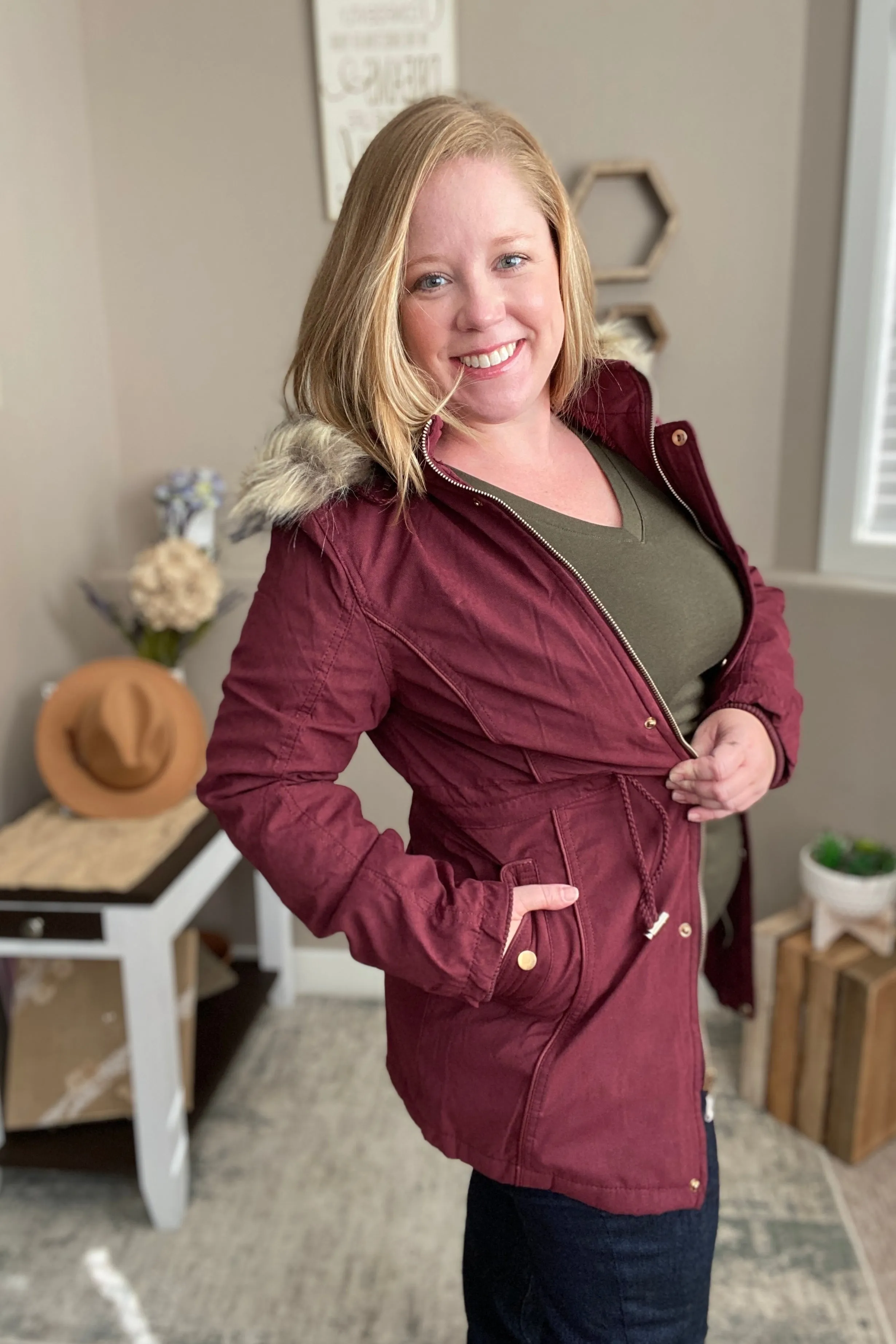 Faux Fur Trim Hooded Jacket in Wine