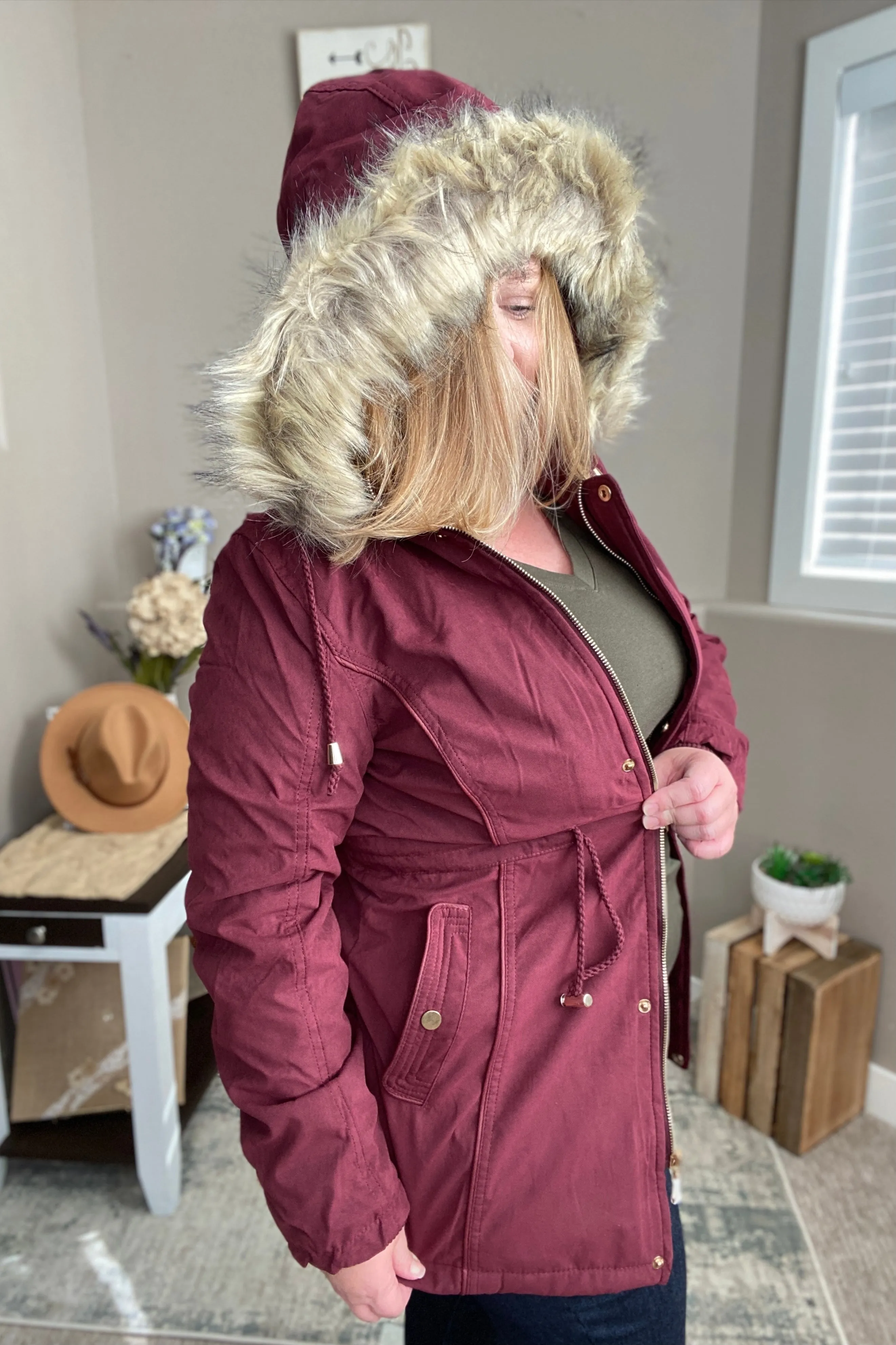 Faux Fur Trim Hooded Jacket in Wine