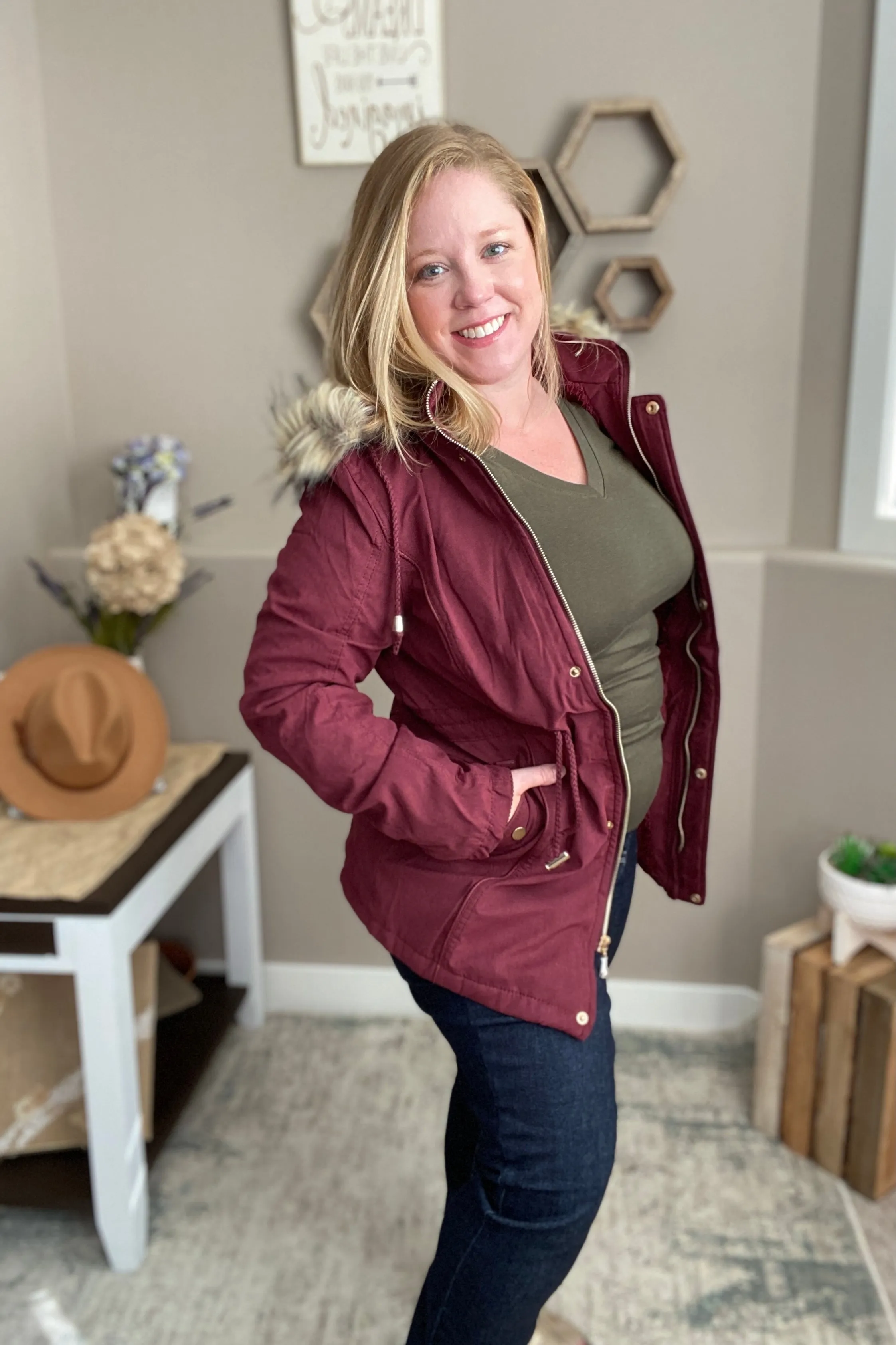 Faux Fur Trim Hooded Jacket in Wine