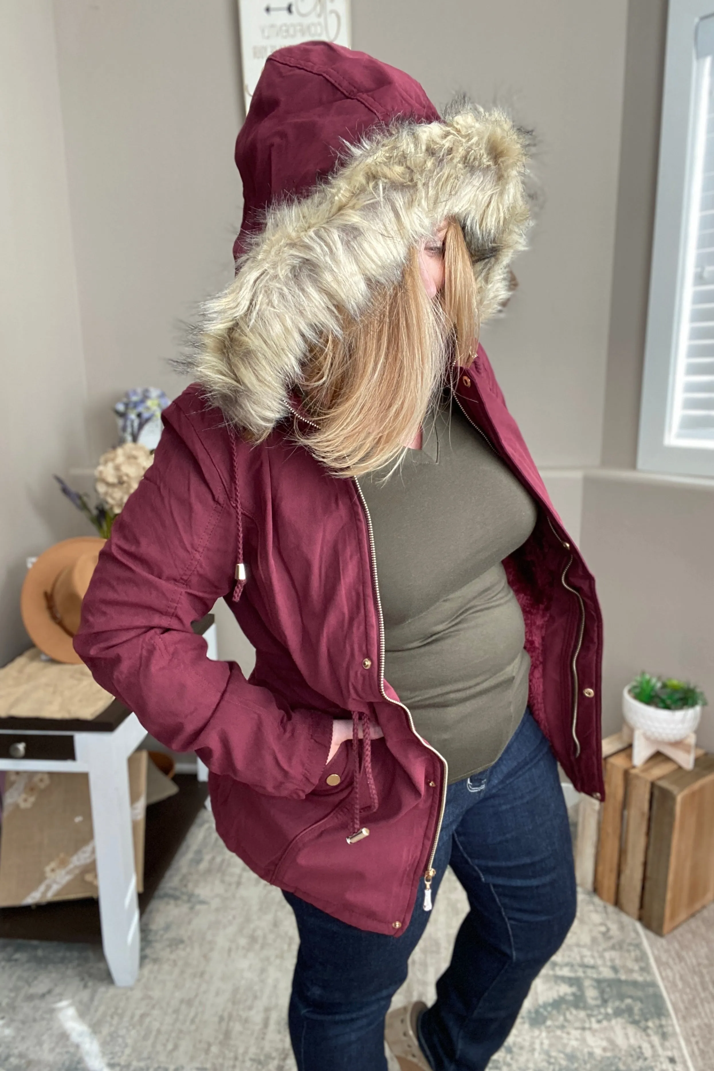 Faux Fur Trim Hooded Jacket in Wine