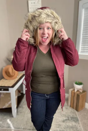 Faux Fur Trim Hooded Jacket in Wine