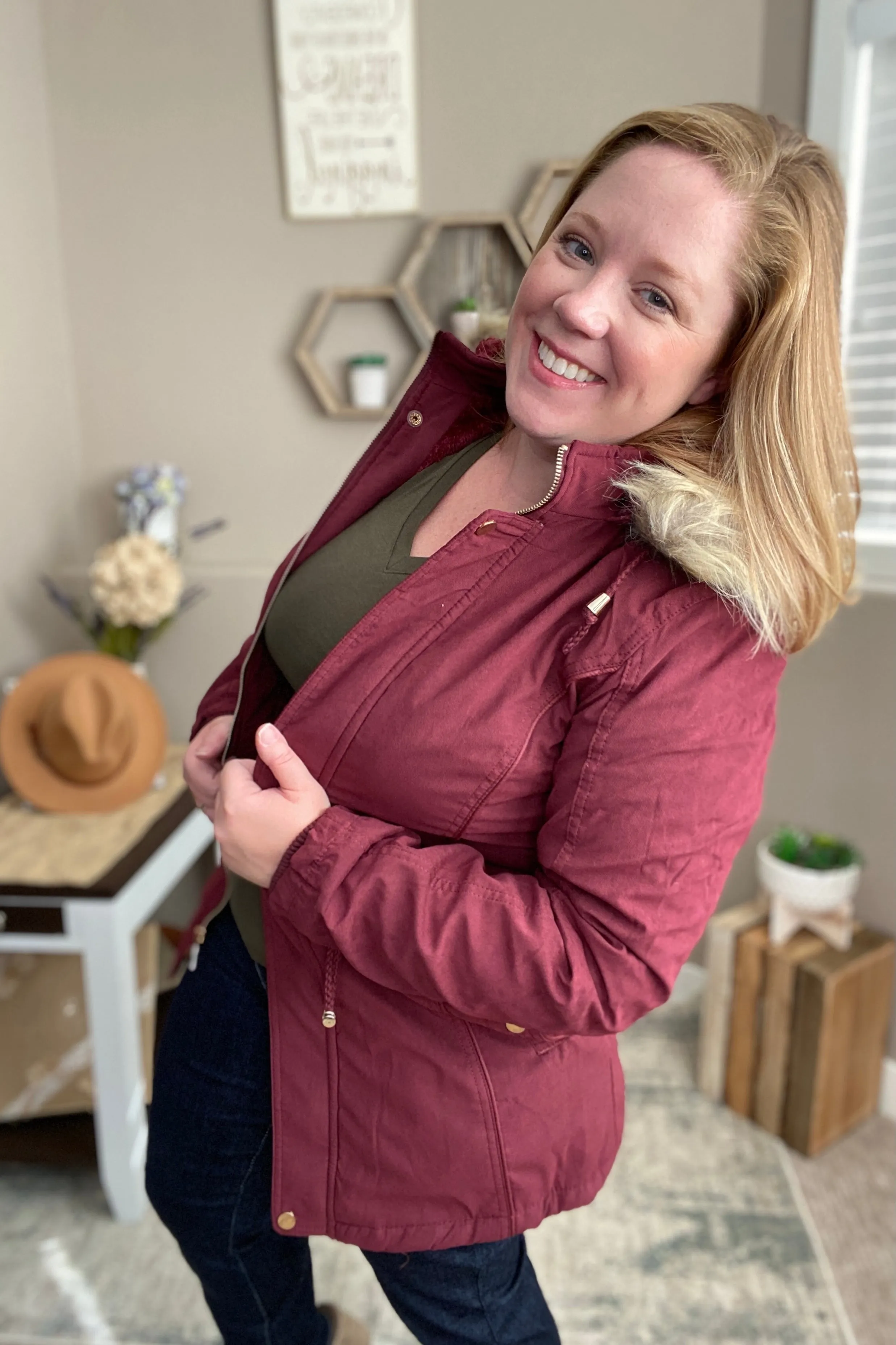 Faux Fur Trim Hooded Jacket in Wine