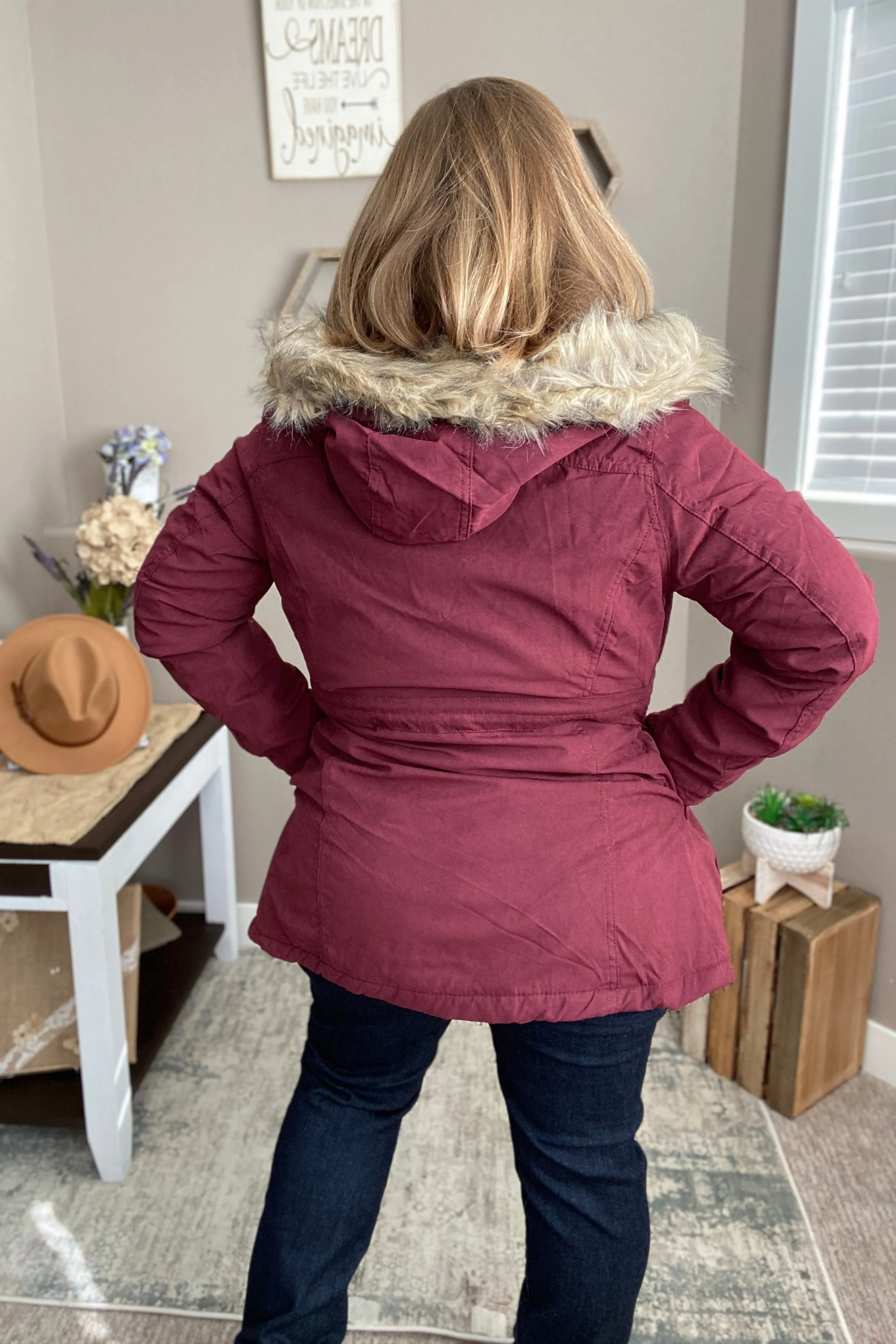 Faux Fur Trim Hooded Jacket in Wine