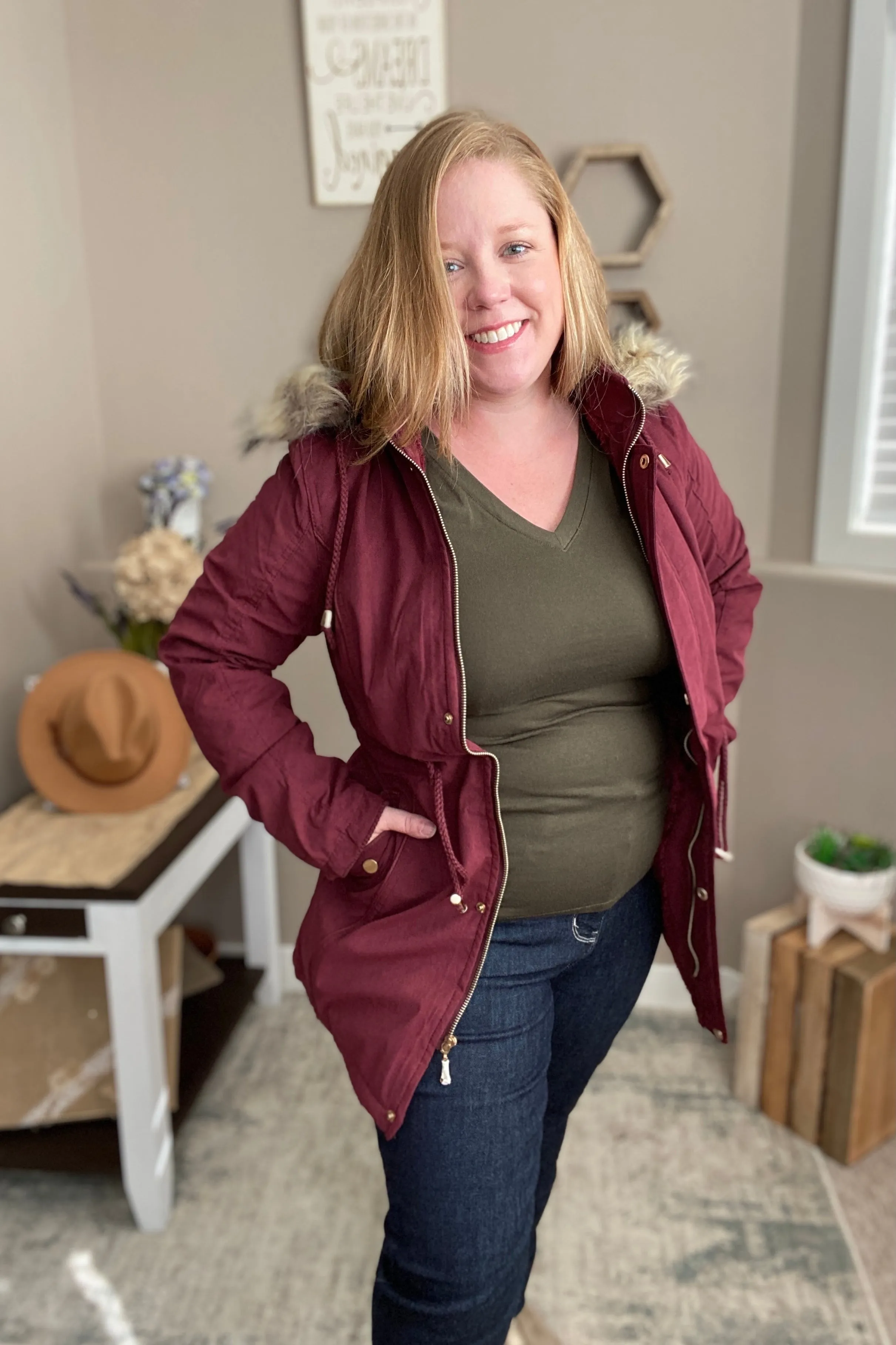 Faux Fur Trim Hooded Jacket in Wine