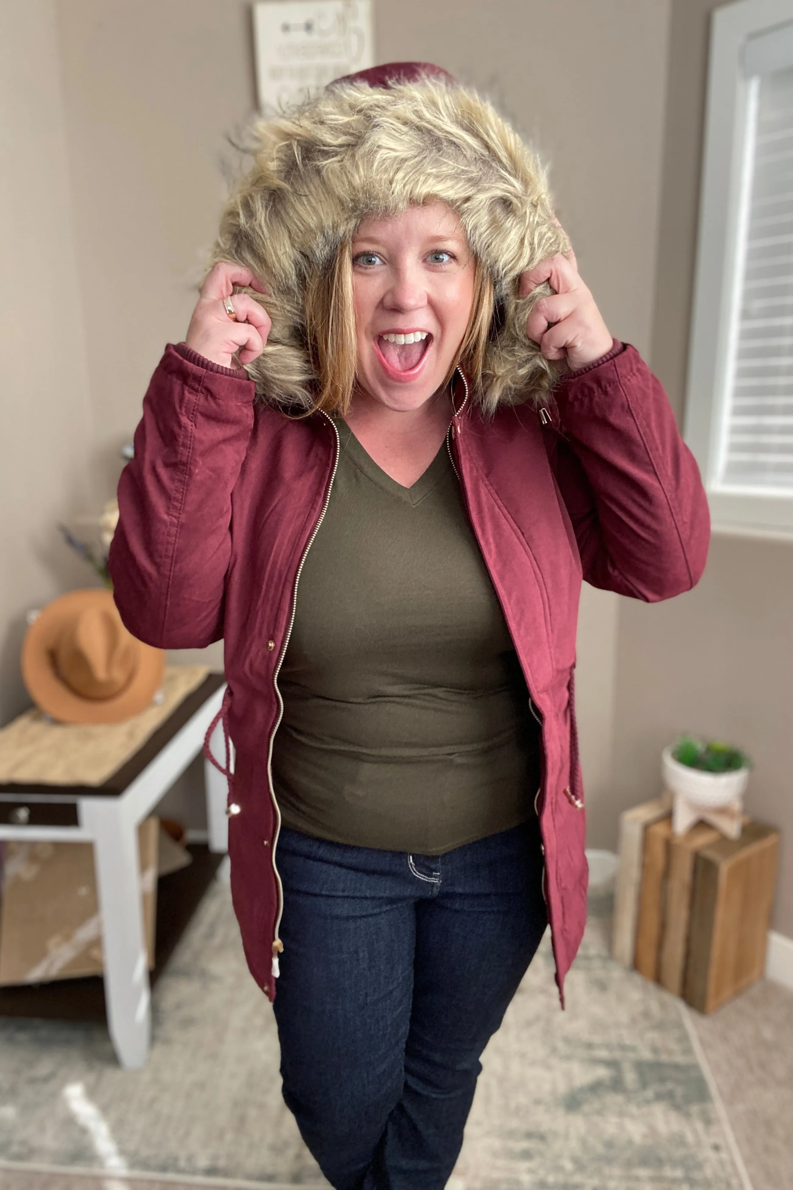 Faux Fur Trim Hooded Jacket in Wine