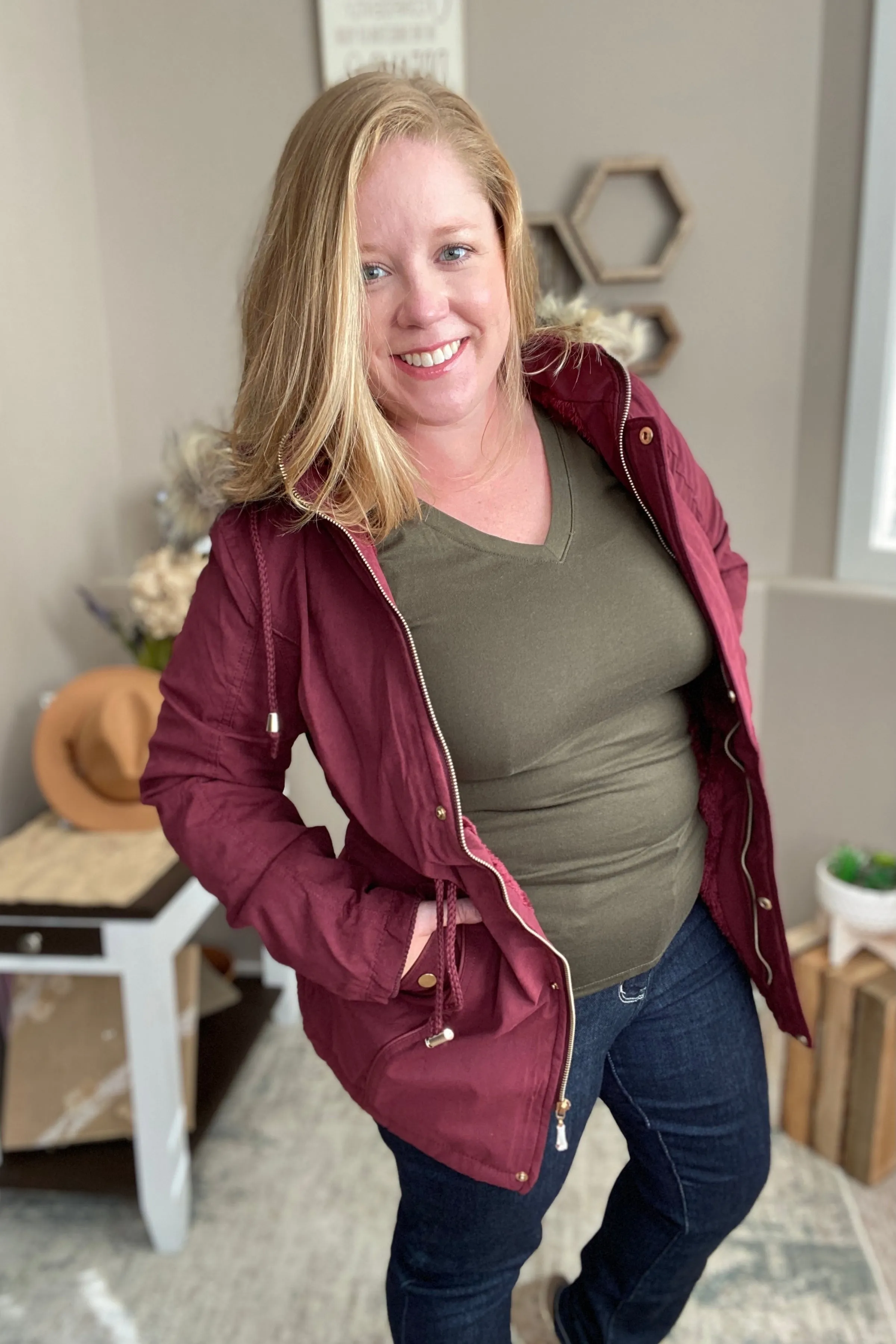 Faux Fur Trim Hooded Jacket in Wine