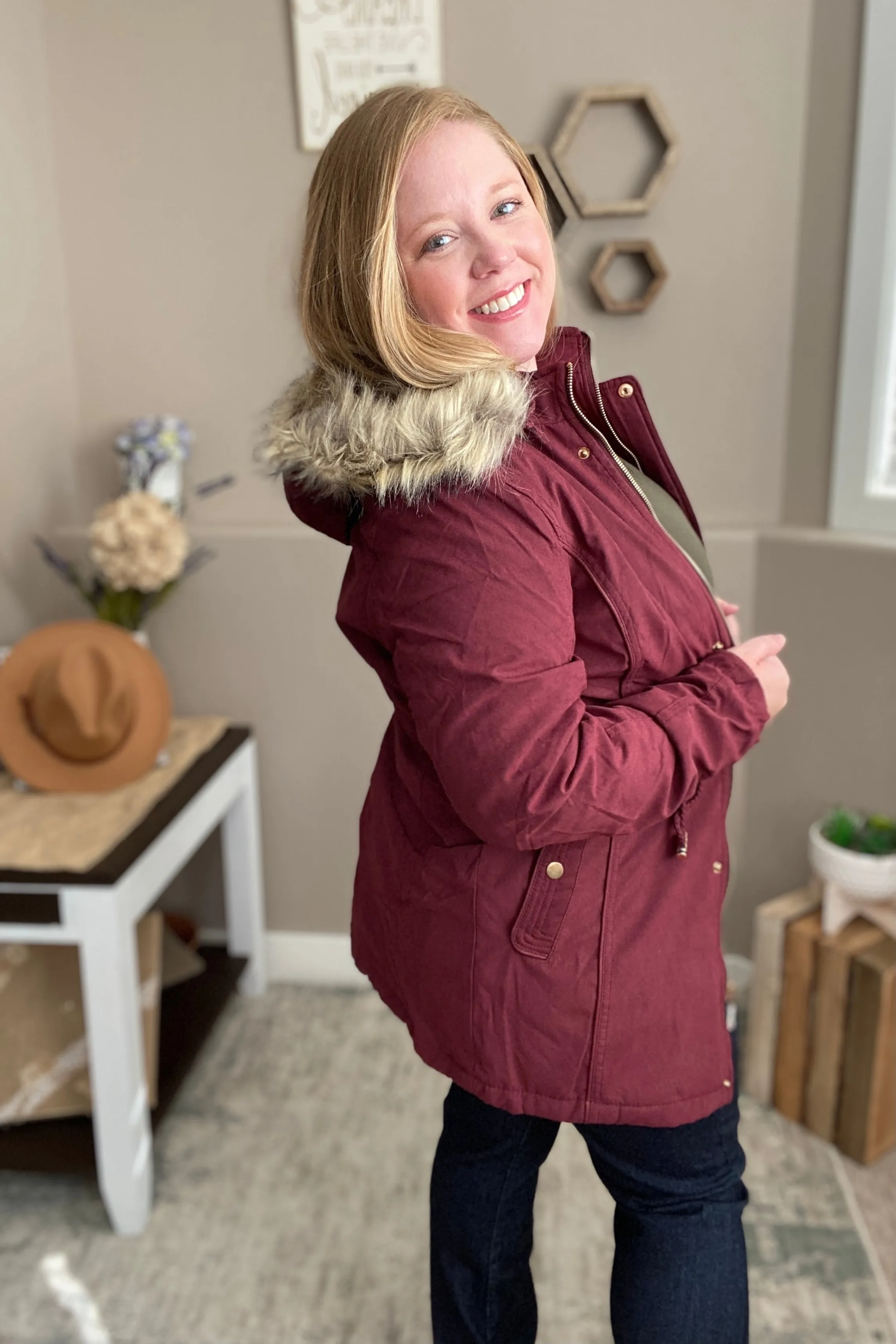 Faux Fur Trim Hooded Jacket in Wine