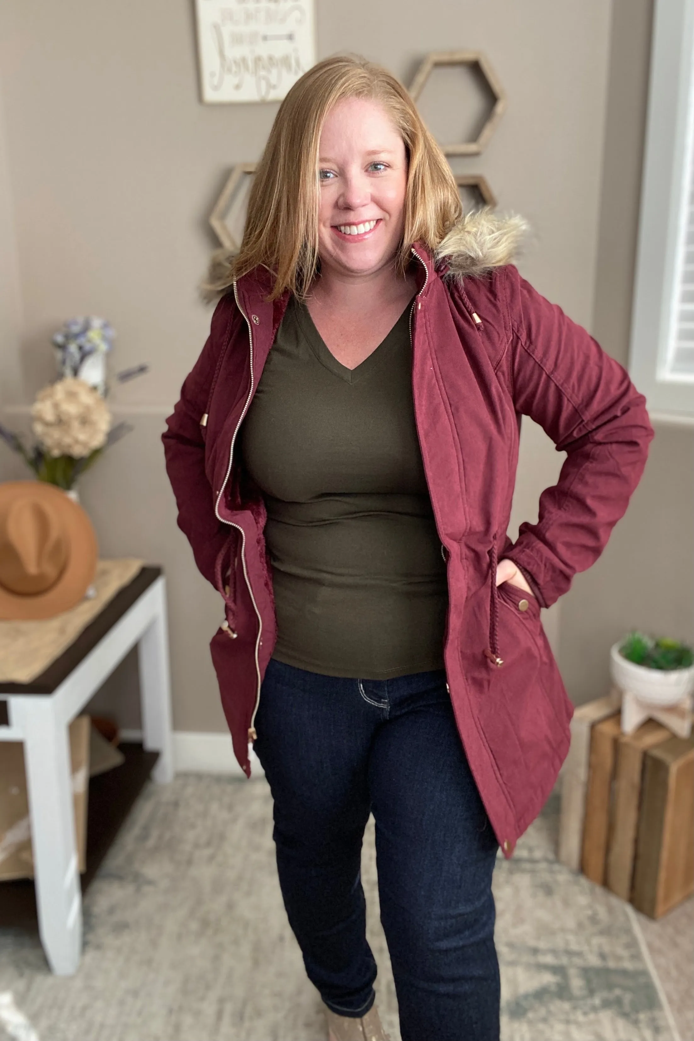 Faux Fur Trim Hooded Jacket in Wine