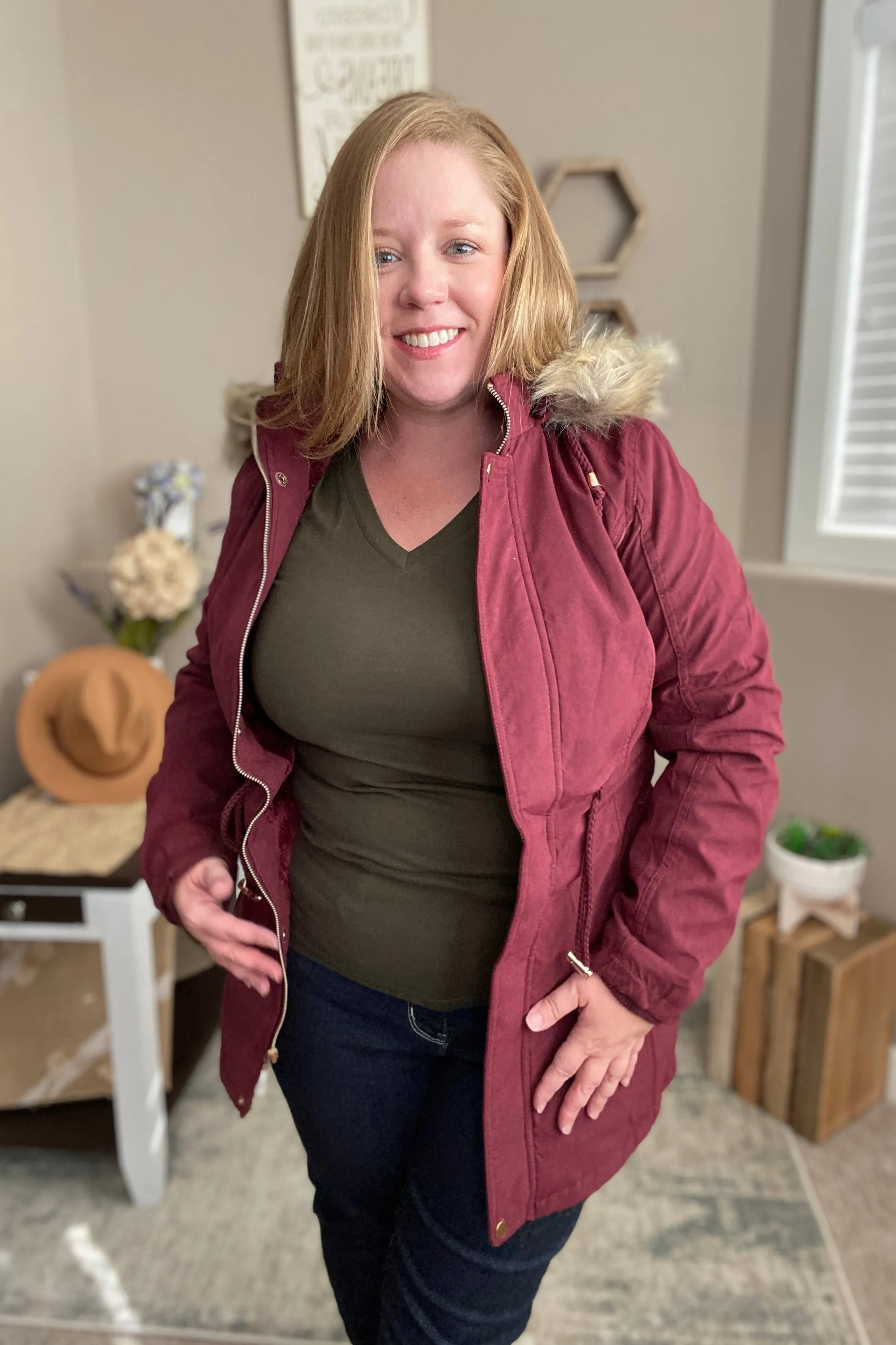 Faux Fur Trim Hooded Jacket in Wine