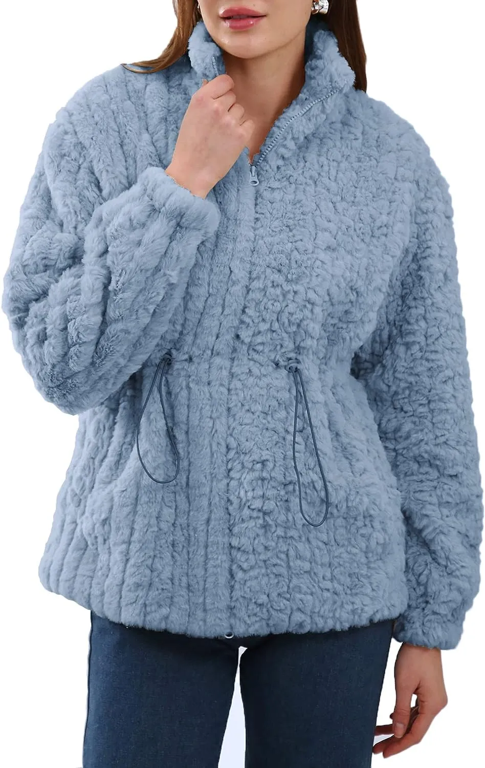 Faux Fur Zip Up Drawstring Winter Coat
