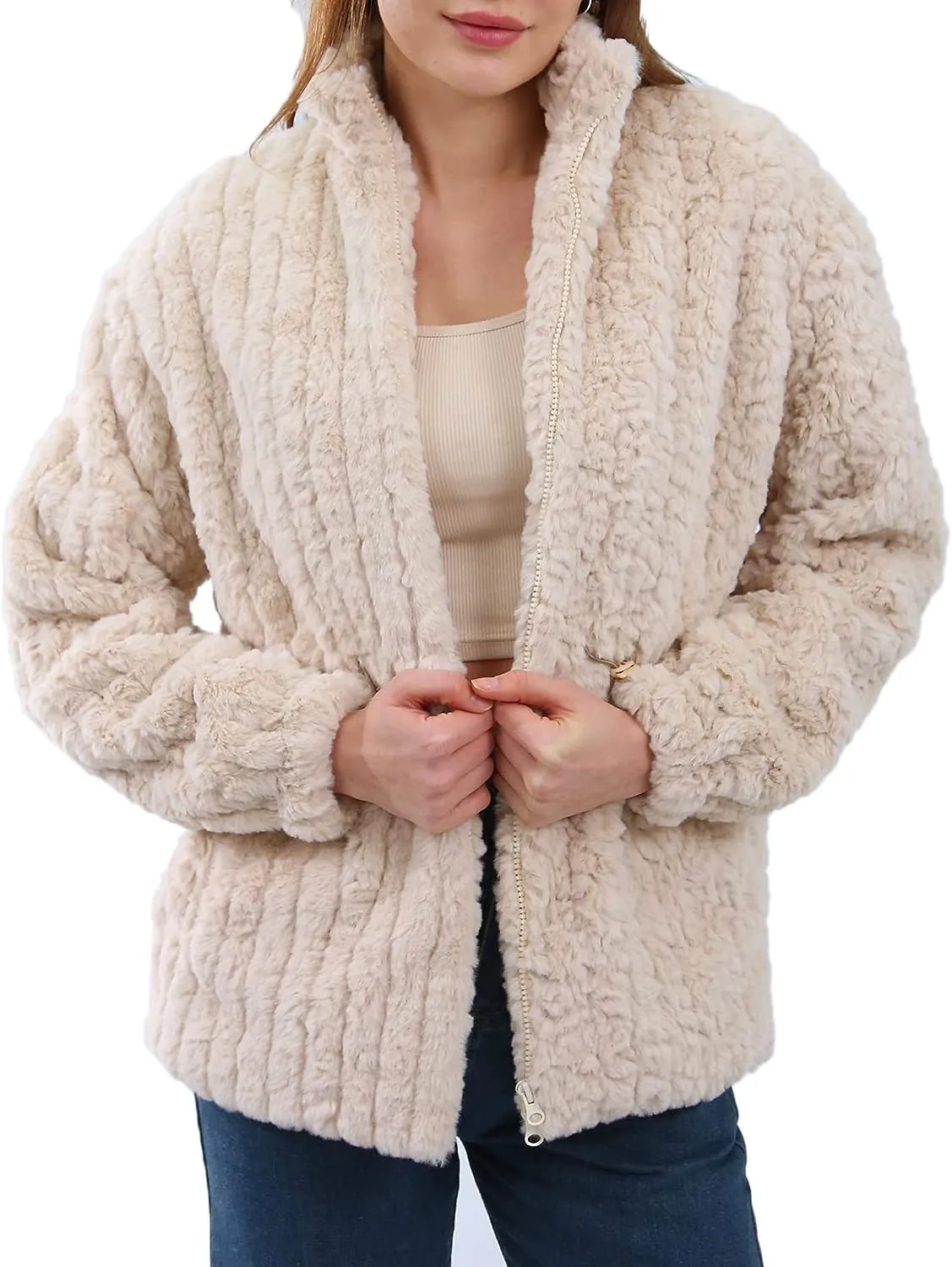 Faux Fur Zip Up Drawstring Winter Coat
