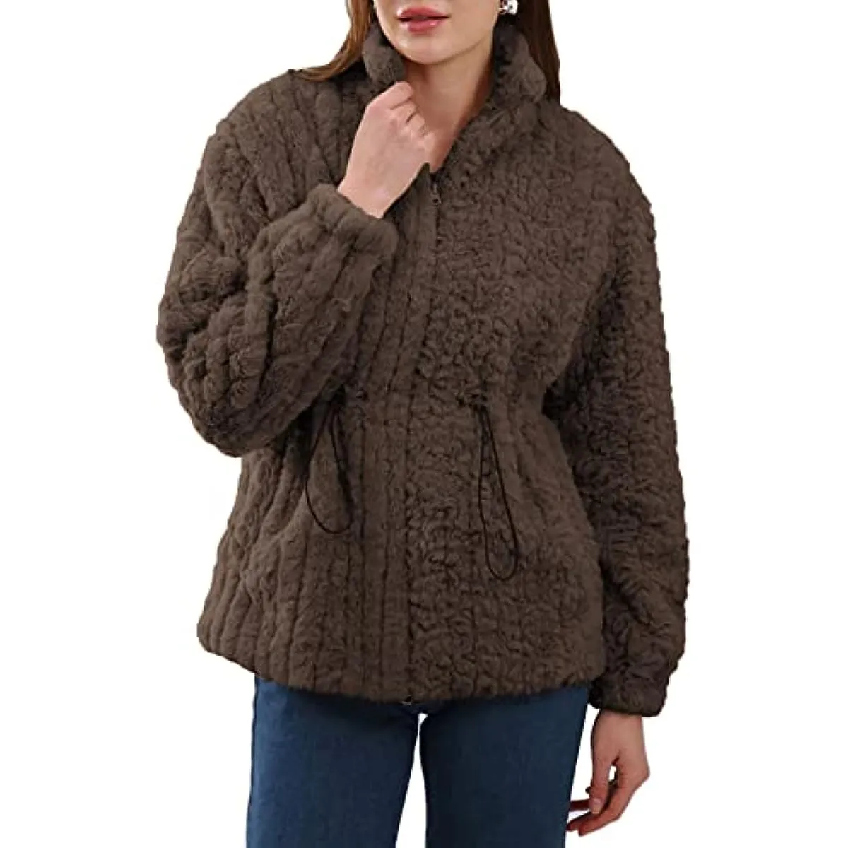 Faux Fur Zip Up Drawstring Winter Coat