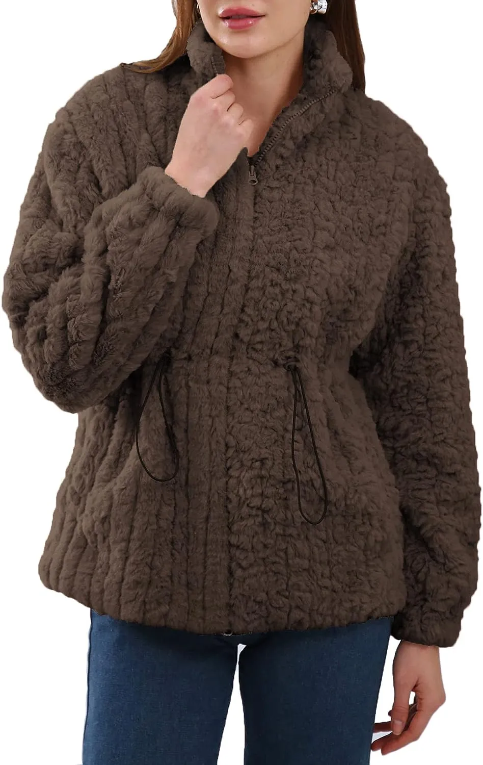 Faux Fur Zip Up Drawstring Winter Coat