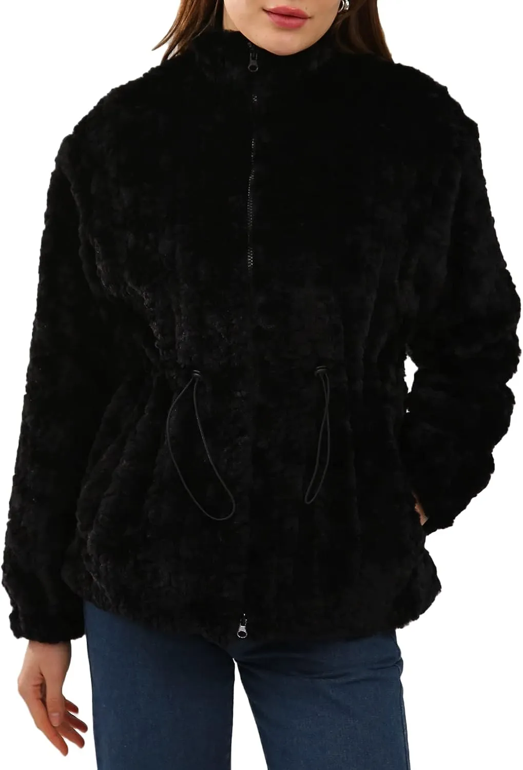 Faux Fur Zip Up Drawstring Winter Coat