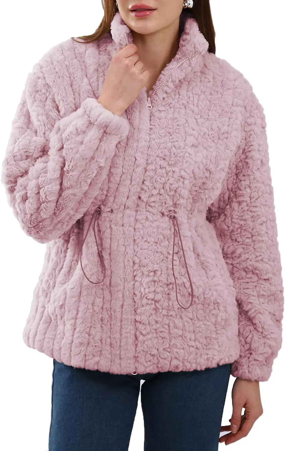 Faux Fur Zip Up Drawstring Winter Coat