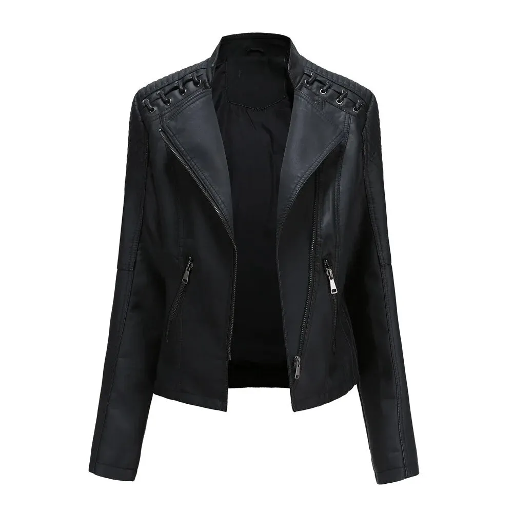 Faux Leather Jacket Women's Slim Vintage Zipper Short Coats Turn-Down Collar