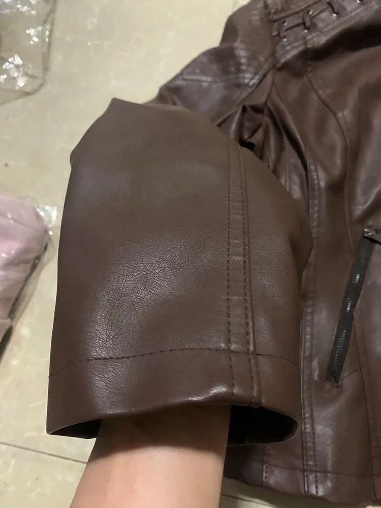 Faux Leather Jacket Women's Slim Vintage Zipper Short Coats Turn-Down Collar