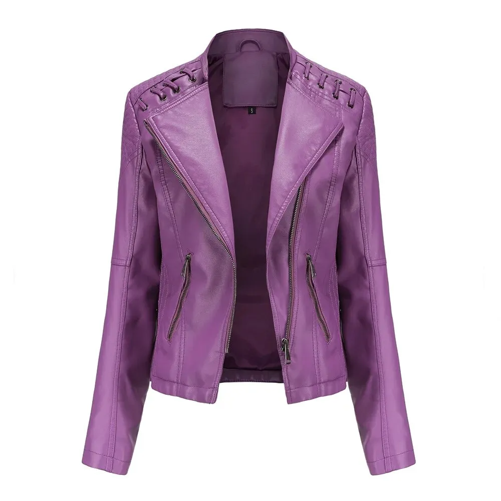 Faux Leather Jacket Women's Slim Vintage Zipper Short Coats Turn-Down Collar
