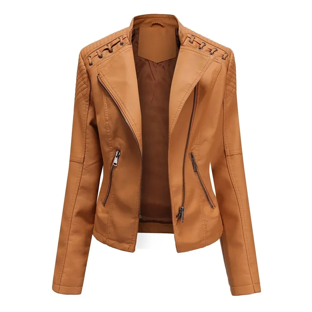 Faux Leather Jacket Women's Slim Vintage Zipper Short Coats Turn-Down Collar