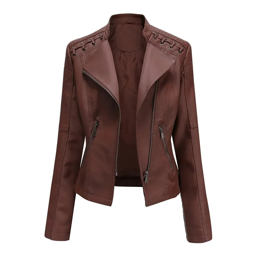 Faux Leather Jacket Women's Slim Vintage Zipper Short Coats Turn-Down Collar