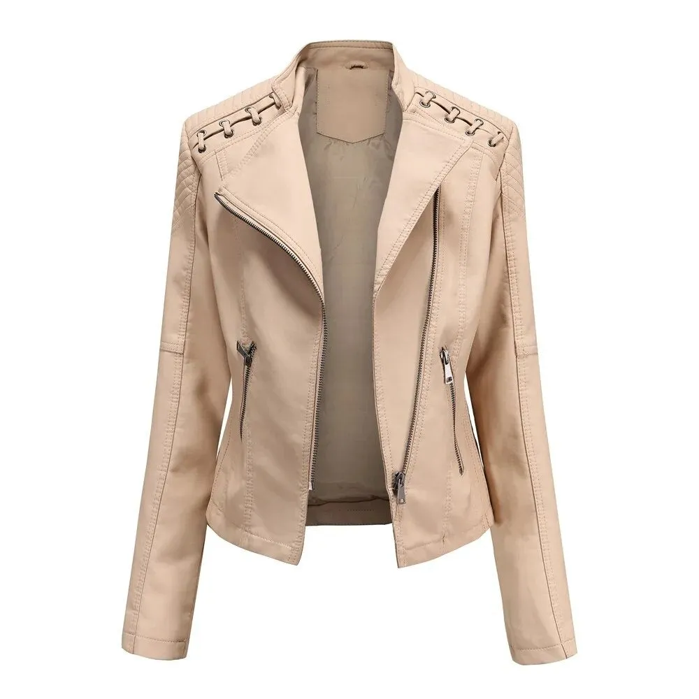 Faux Leather Jacket Women's Slim Vintage Zipper Short Coats Turn-Down Collar