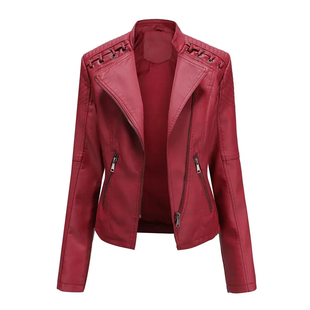 Faux Leather Jacket Women's Slim Vintage Zipper Short Coats Turn-Down Collar