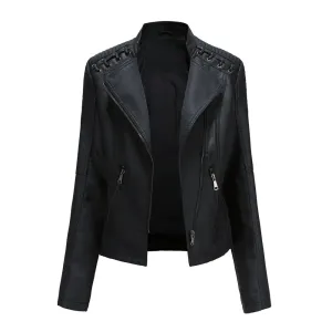 Faux Leather Jacket Women's Slim Vintage Zipper Short Coats Turn-Down Collar