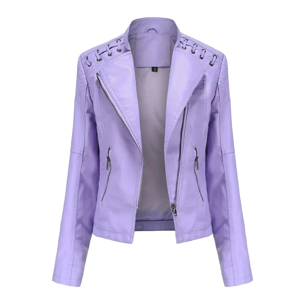 Faux Leather Jacket Women's Slim Vintage Zipper Short Coats Turn-Down Collar