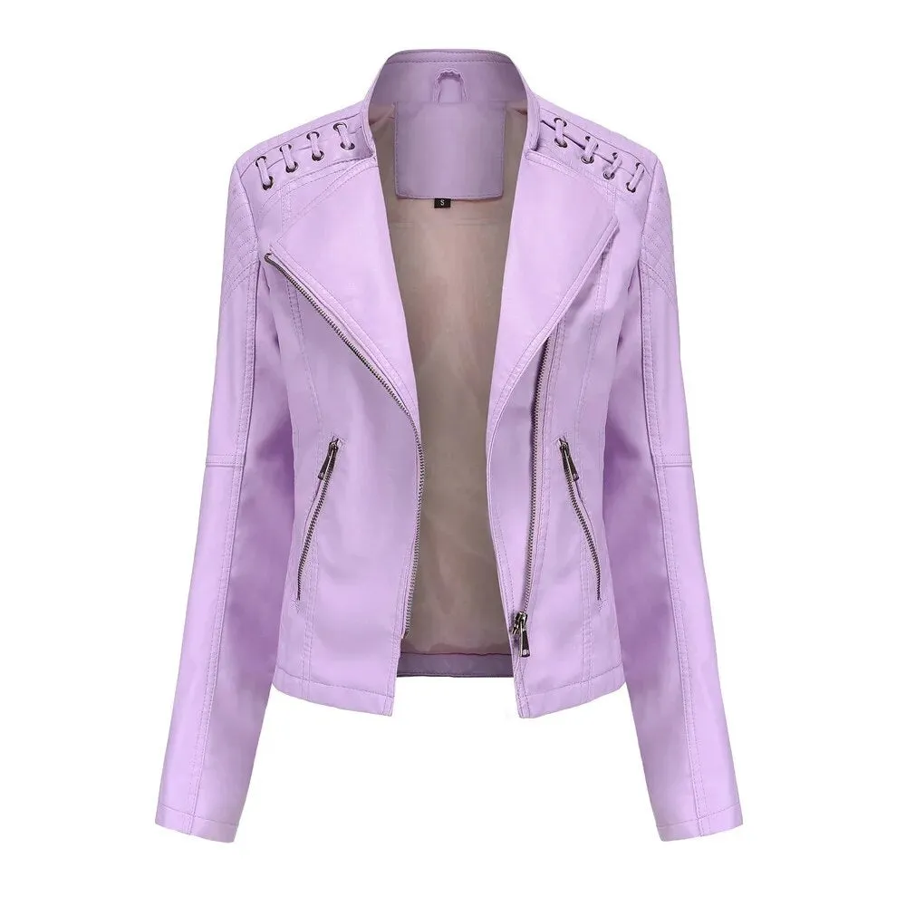 Faux Leather Jacket Women's Slim Vintage Zipper Short Coats Turn-Down Collar