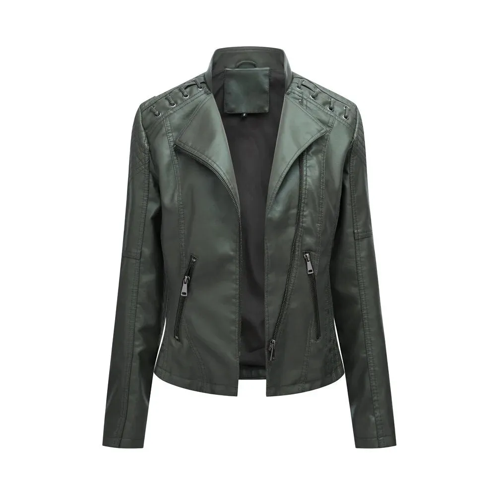 Faux Leather Jacket Women's Slim Vintage Zipper Short Coats Turn-Down Collar