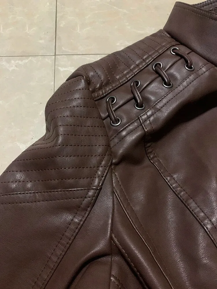 Faux Leather Jacket Women's Slim Vintage Zipper Short Coats Turn-Down Collar