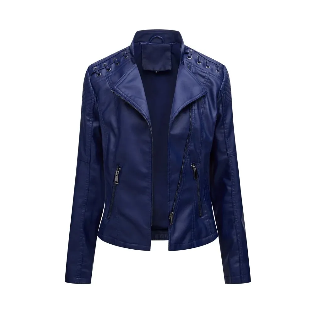 Faux Leather Jacket Women's Slim Vintage Zipper Short Coats Turn-Down Collar