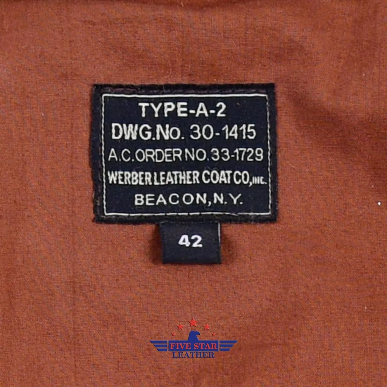 FiveStar Leather Repro Type A-2 Werber Leather Coat Co. Contract 1729
