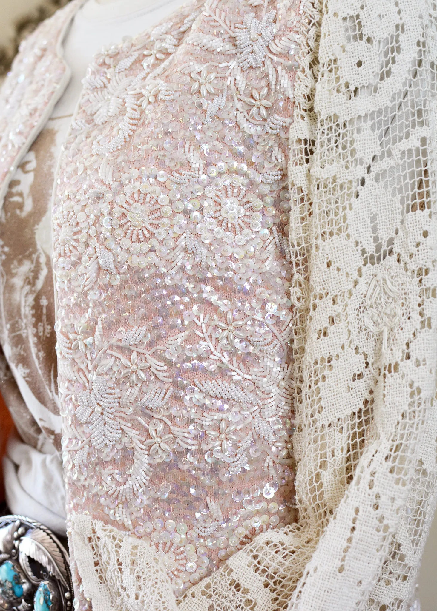 Florence Antique Hand Embroidered Pink Sequin Jacket with Filet Lace Sleeves