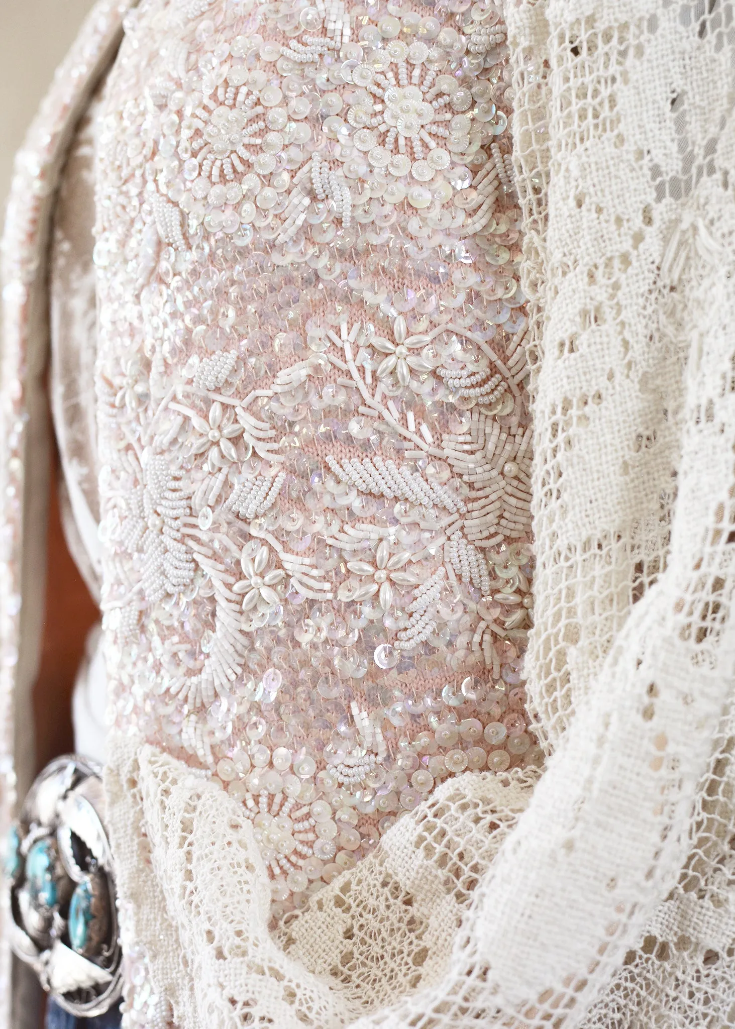 Florence Antique Hand Embroidered Pink Sequin Jacket with Filet Lace Sleeves
