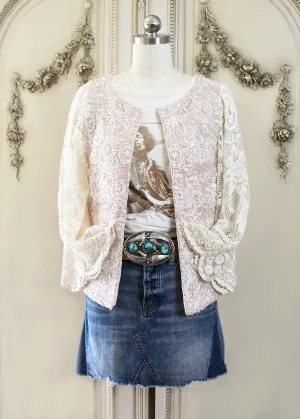 Florence Antique Hand Embroidered Pink Sequin Jacket with Filet Lace Sleeves