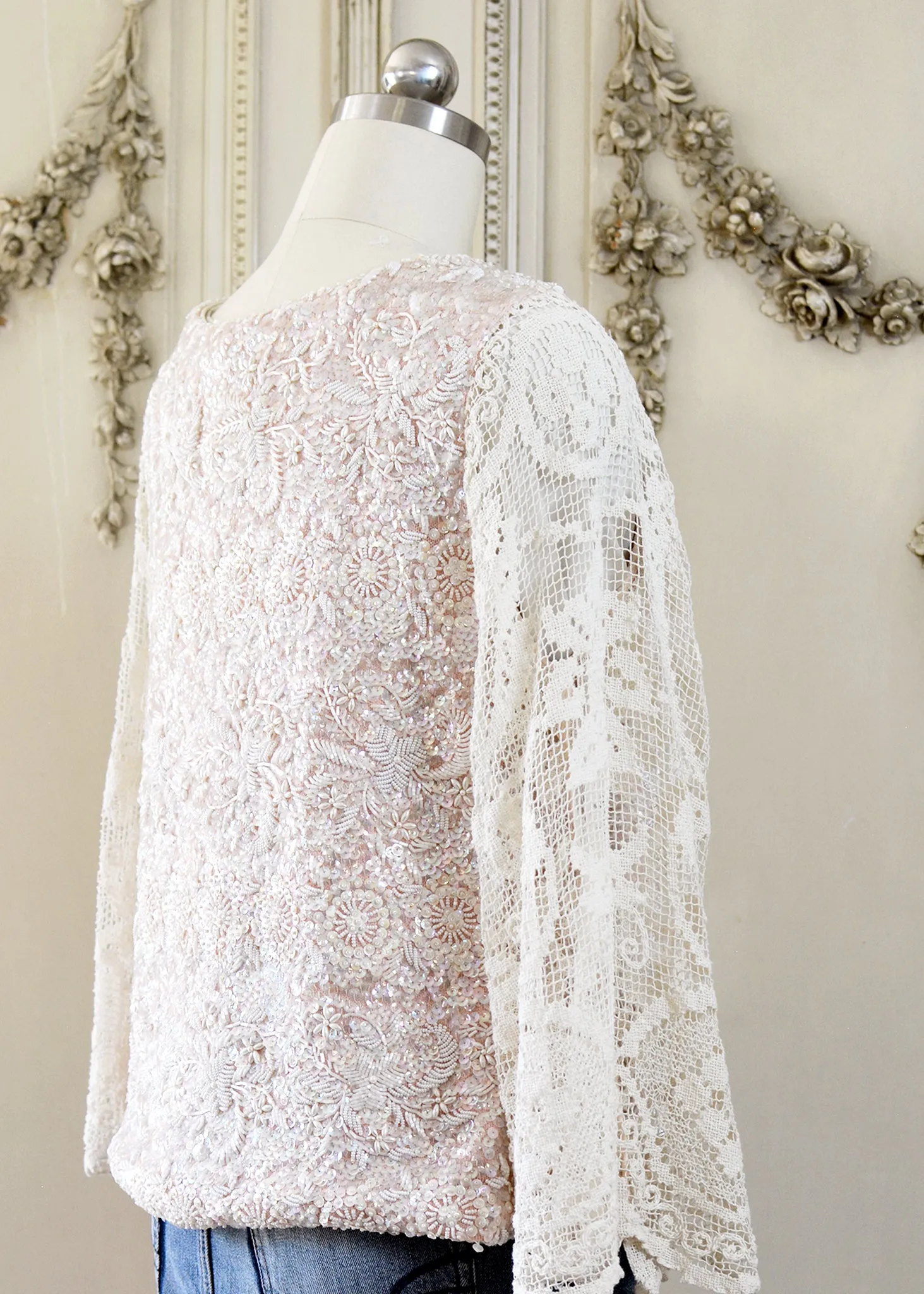 Florence Antique Hand Embroidered Pink Sequin Jacket with Filet Lace Sleeves