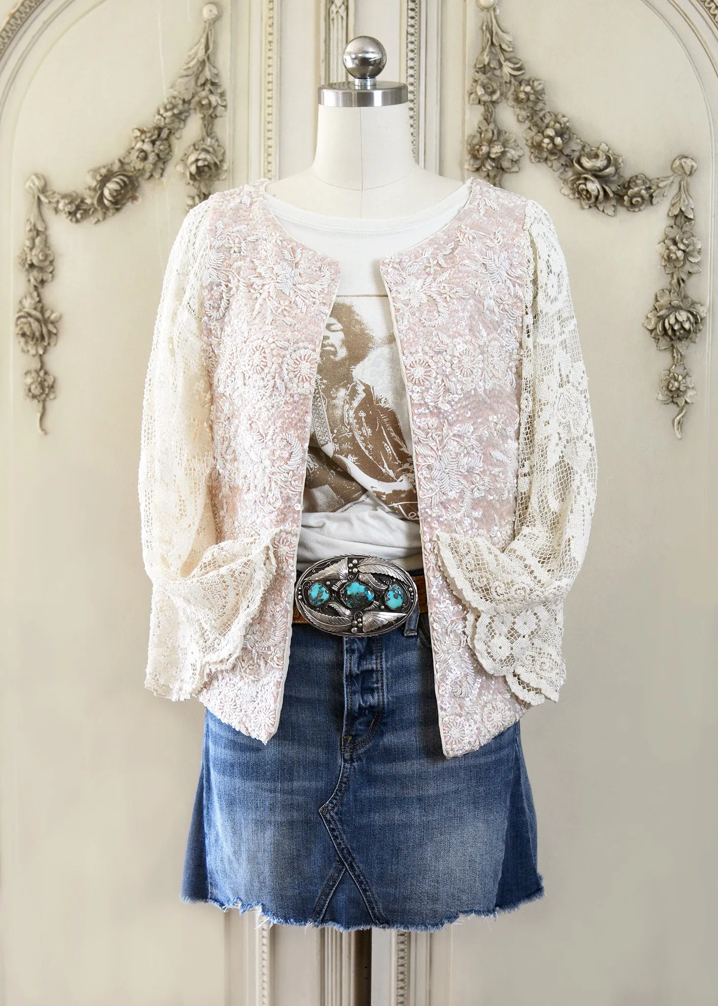 Florence Antique Hand Embroidered Pink Sequin Jacket with Filet Lace Sleeves