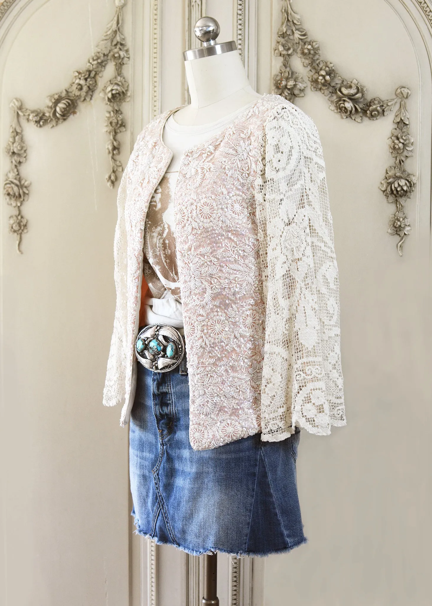 Florence Antique Hand Embroidered Pink Sequin Jacket with Filet Lace Sleeves