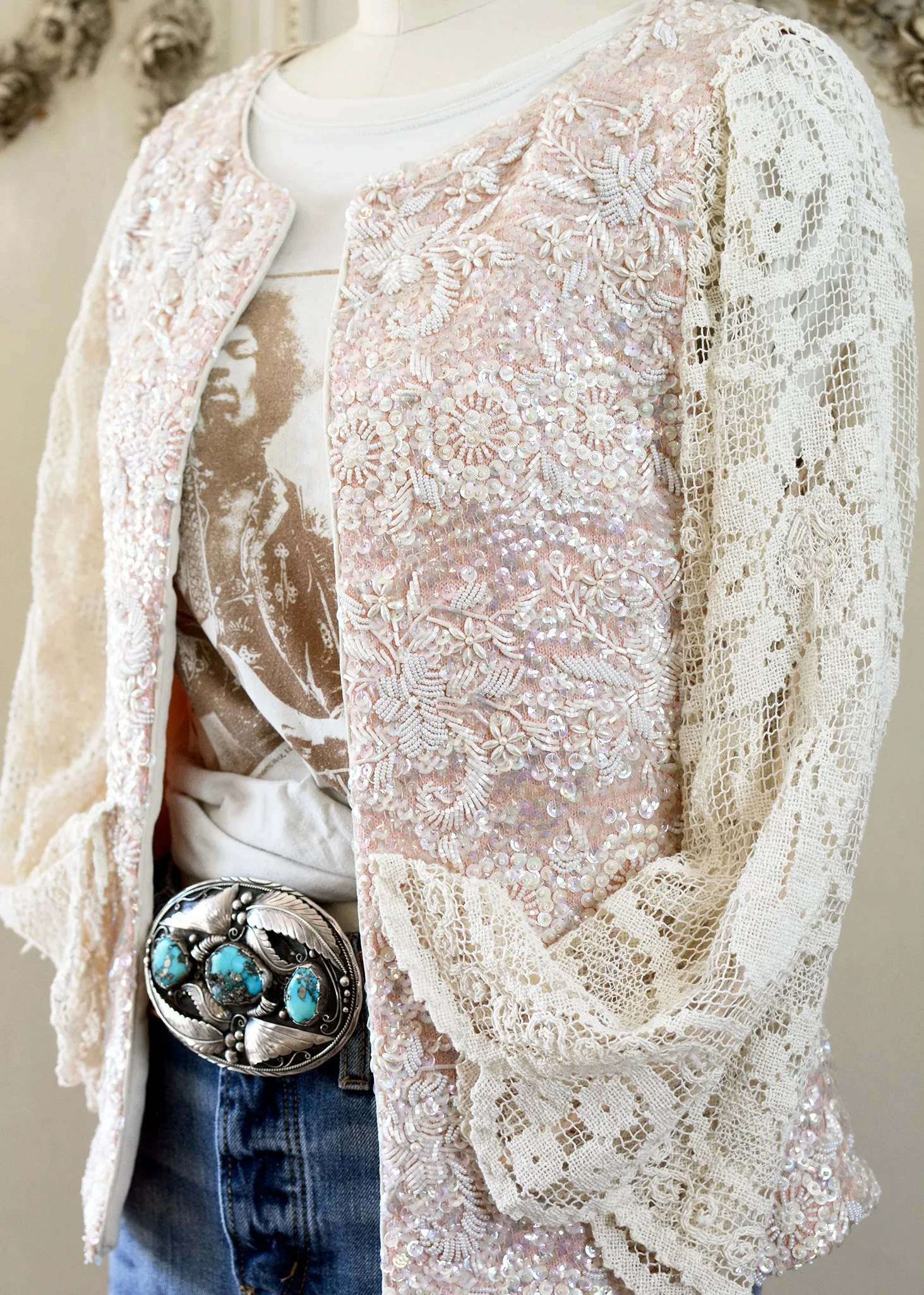 Florence Antique Hand Embroidered Pink Sequin Jacket with Filet Lace Sleeves