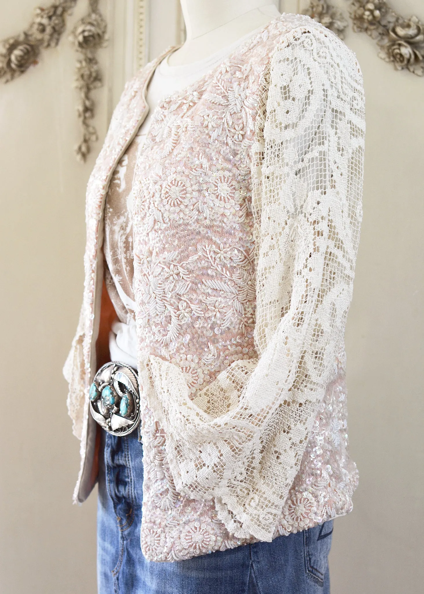 Florence Antique Hand Embroidered Pink Sequin Jacket with Filet Lace Sleeves