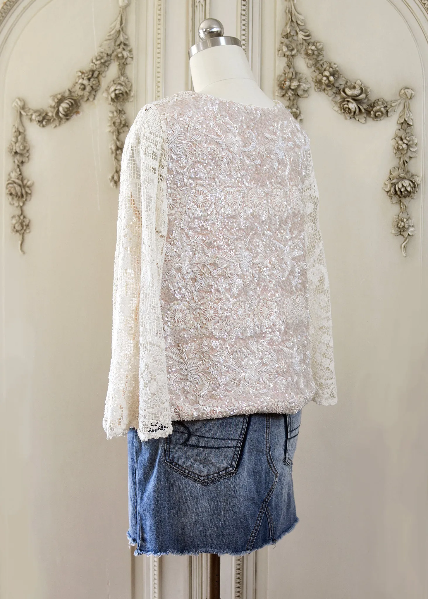 Florence Antique Hand Embroidered Pink Sequin Jacket with Filet Lace Sleeves