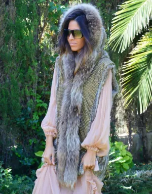 Fur Vest with Hood in Gray
