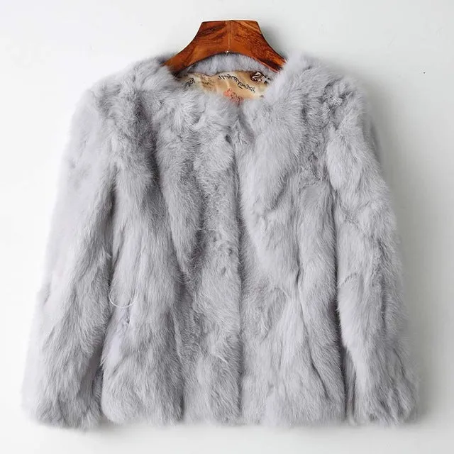 Genuine Full Pelt Fur Jacket Women's Design Rabbit Fur Coat Natural Wholeskin Fur Coat O-Neck Fashion Slim Thin Rabbit Fur Coat
