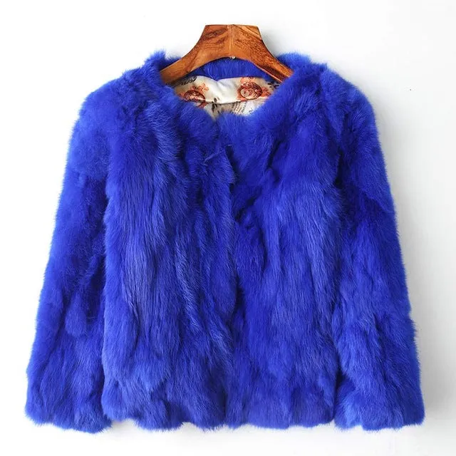 Genuine Full Pelt Fur Jacket Women's Design Rabbit Fur Coat Natural Wholeskin Fur Coat O-Neck Fashion Slim Thin Rabbit Fur Coat