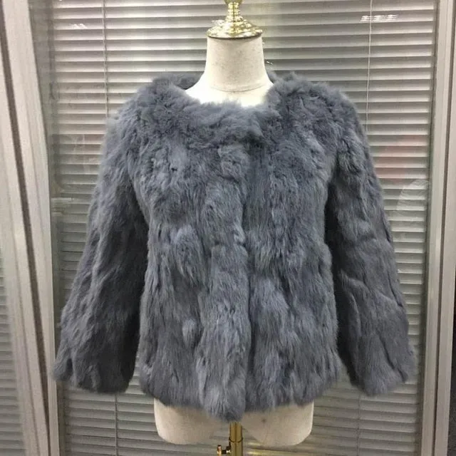Genuine Full Pelt Fur Jacket Women's Design Rabbit Fur Coat Natural Wholeskin Fur Coat O-Neck Fashion Slim Thin Rabbit Fur Coat
