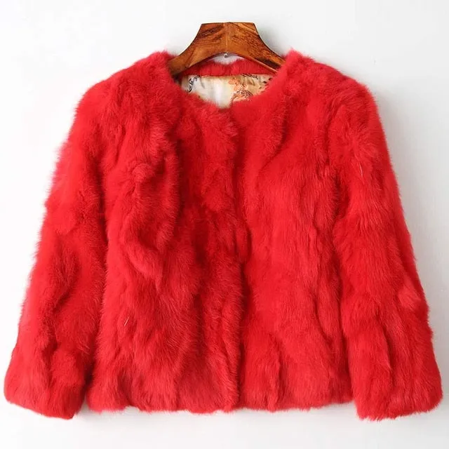 Genuine Full Pelt Fur Jacket Women's Design Rabbit Fur Coat Natural Wholeskin Fur Coat O-Neck Fashion Slim Thin Rabbit Fur Coat