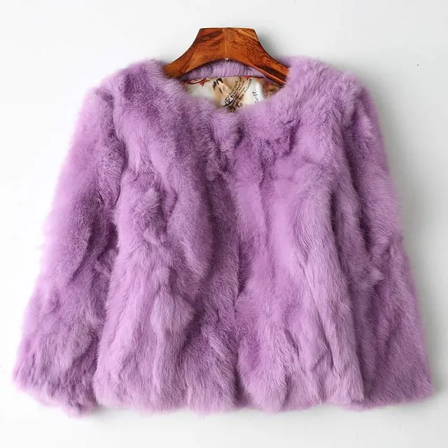 Genuine Full Pelt Fur Jacket Women's Design Rabbit Fur Coat Natural Wholeskin Fur Coat O-Neck Fashion Slim Thin Rabbit Fur Coat